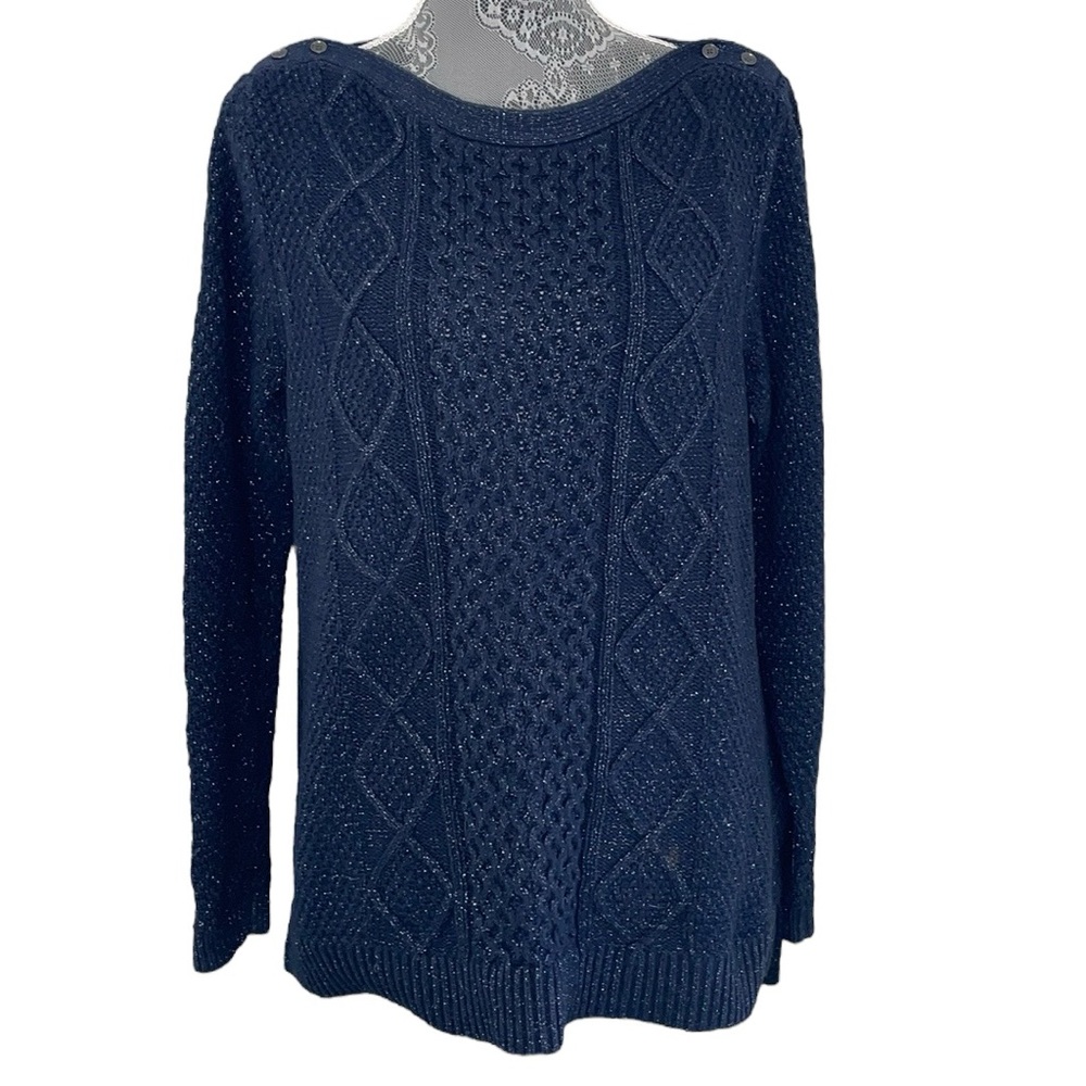 Lands’‎ End women’s Size Large 14-16 navy blue with metallic cable knit sweater.